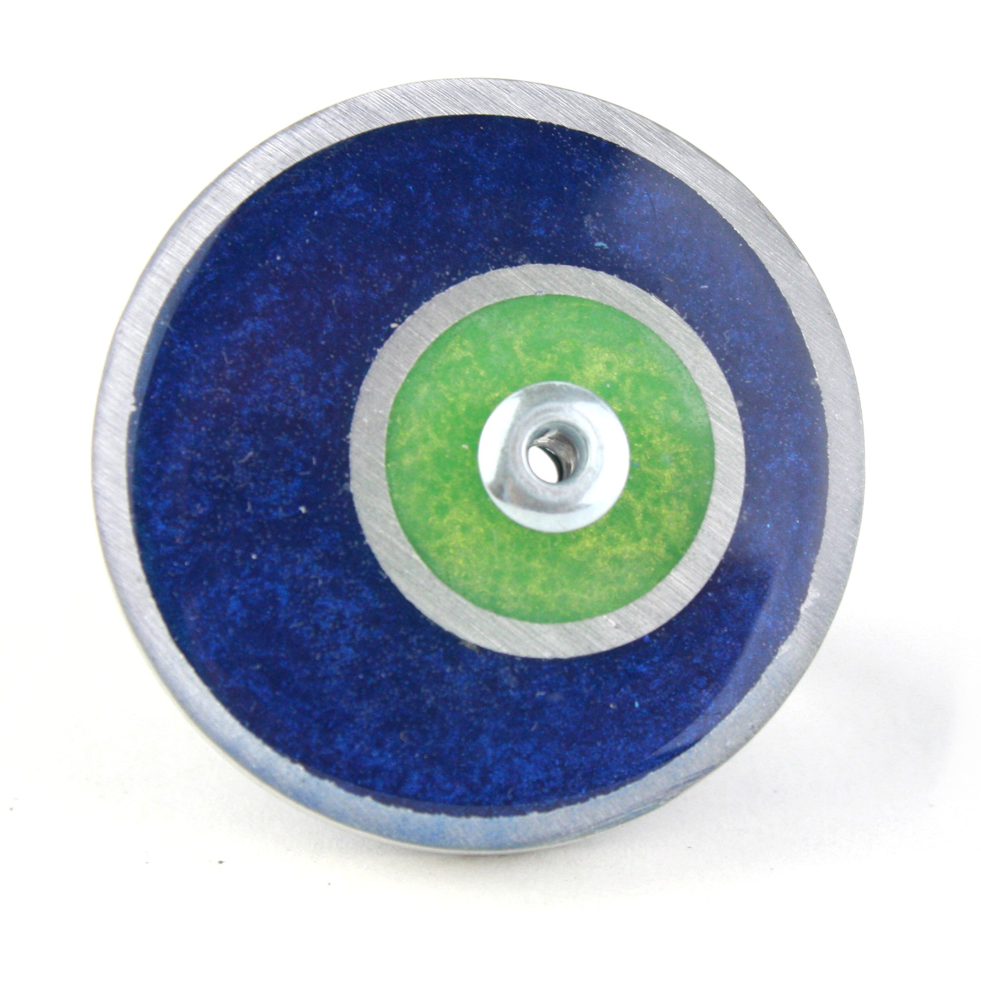 Blue and green Resinique Double Circle Ring made of eco-resin and salvaged aluminum, featuring an adjustable band for sustainable, vibrant style.