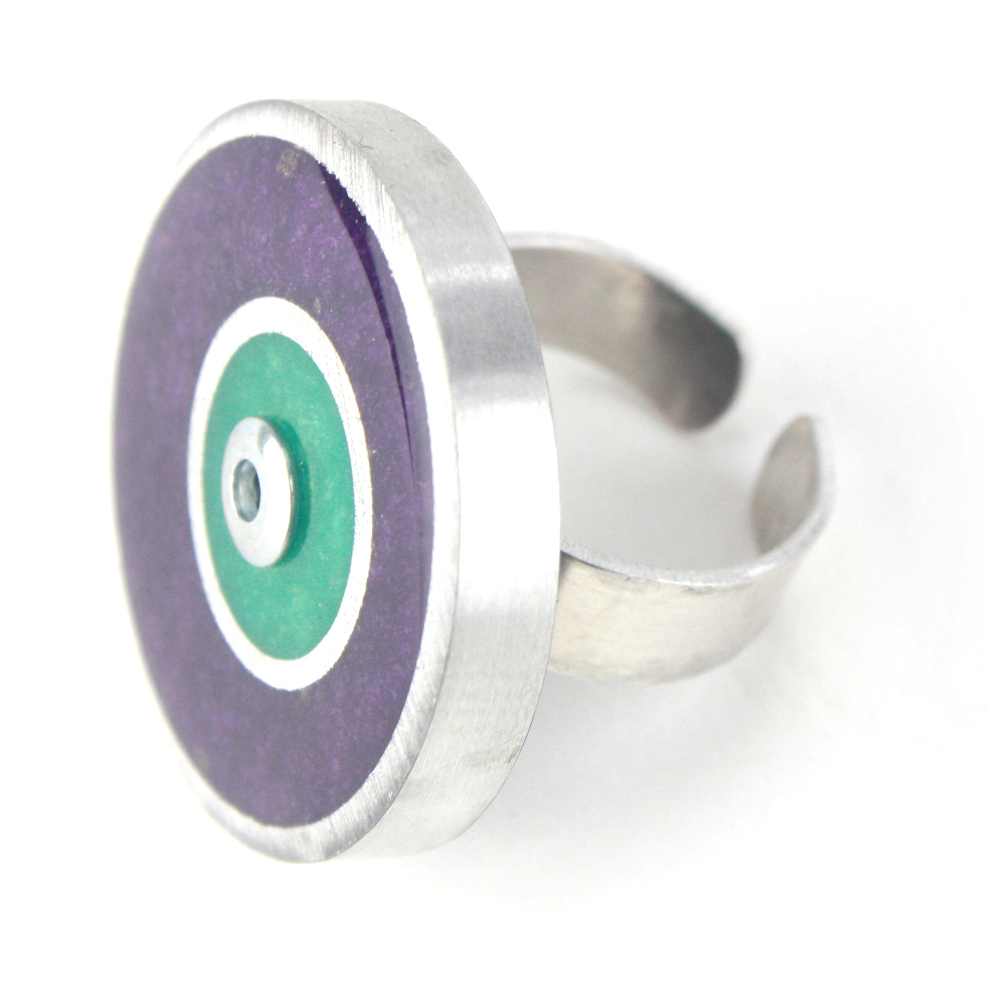 Purple and seafoam resin double circle ring with salvaged aluminum and adjustable band.