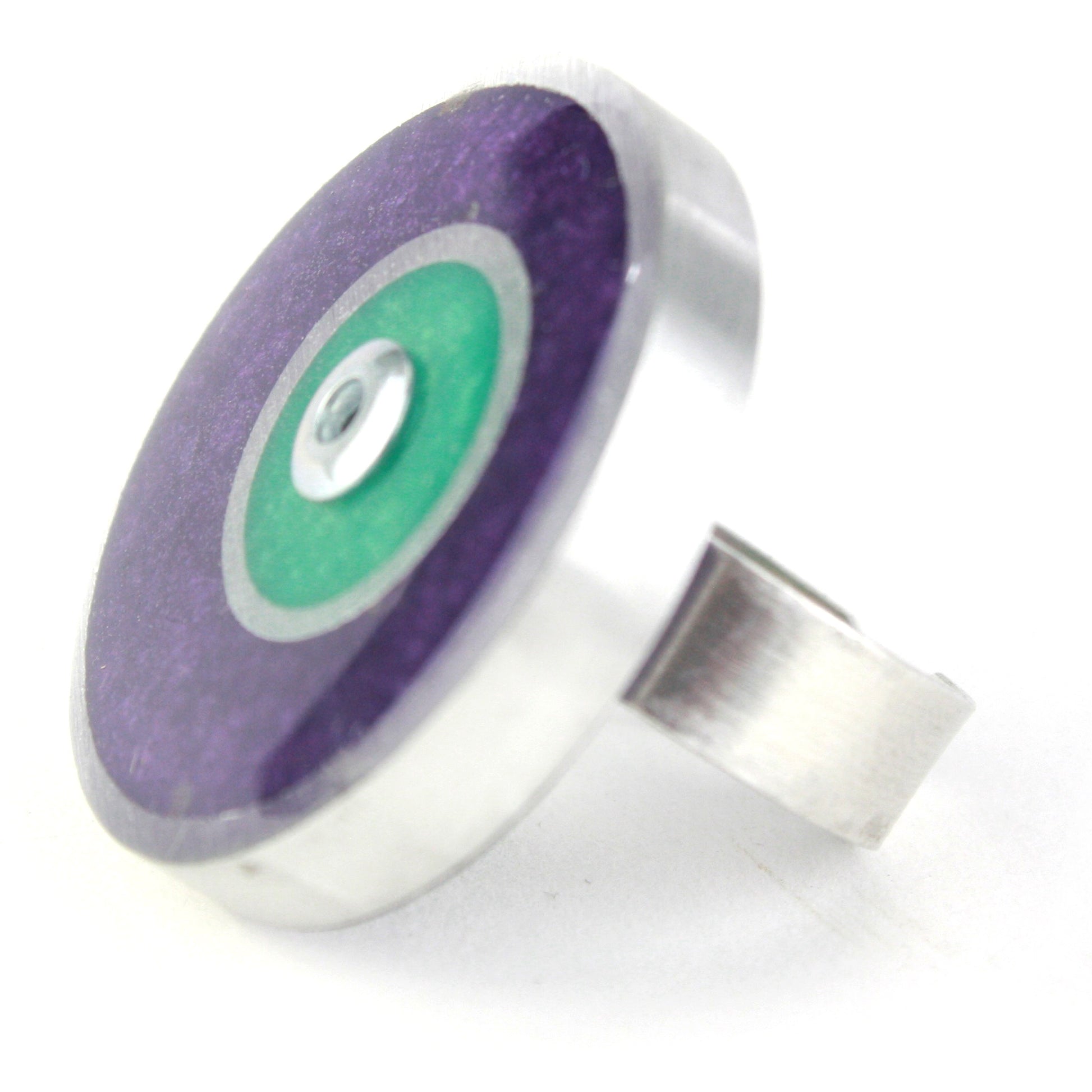 Purple and seafoam resin double circle ring with salvaged aluminum and adjustable band.