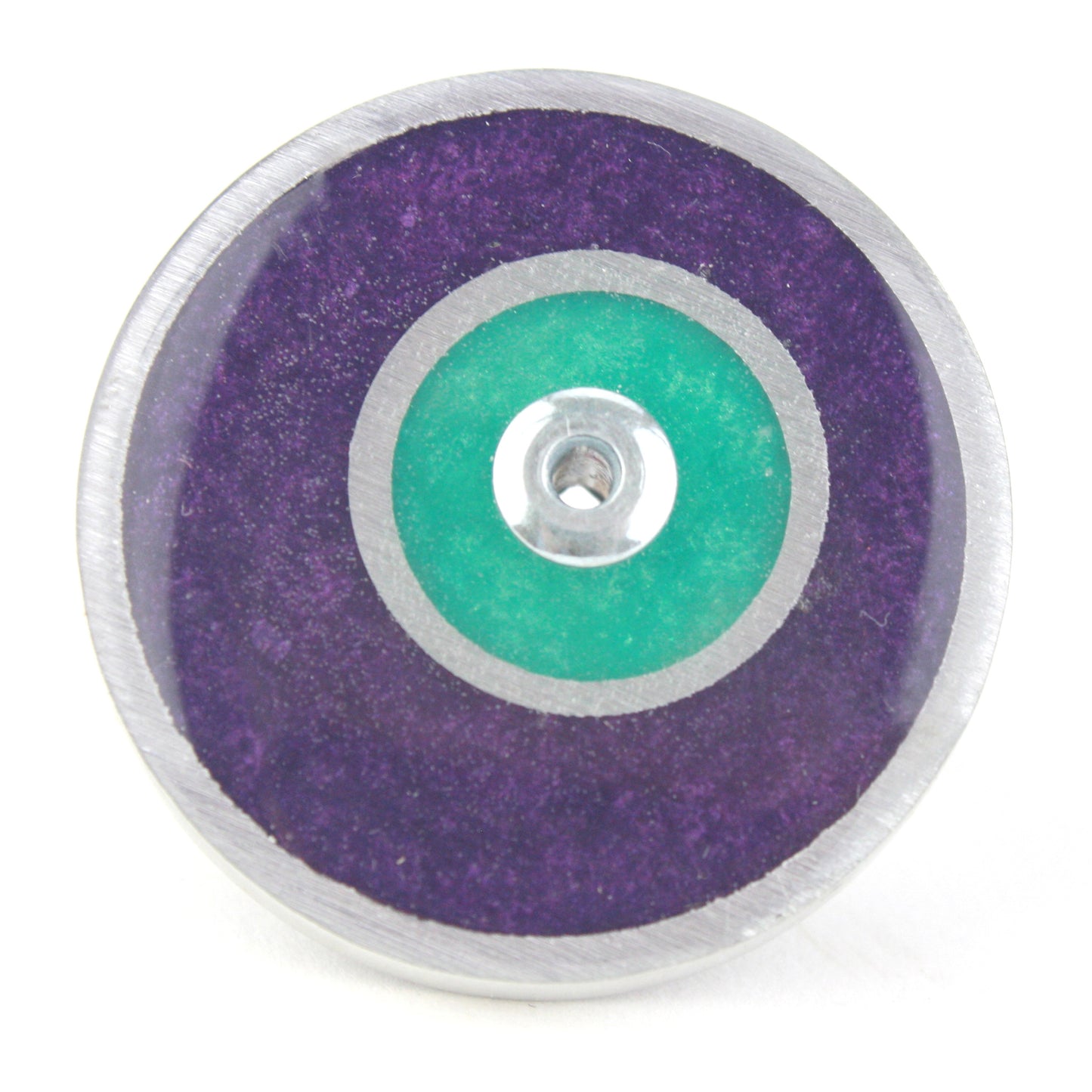 Purple and seafoam resin double circle ring with salvaged aluminum and adjustable band.