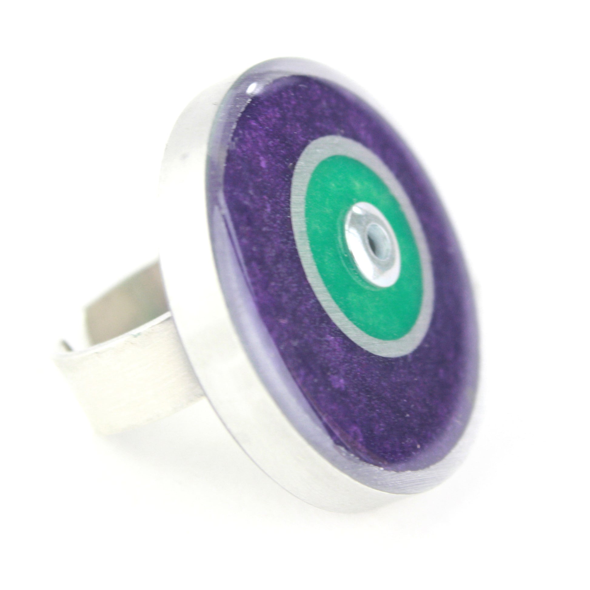 Purple and seafoam resin double circle ring with salvaged aluminum and adjustable band.