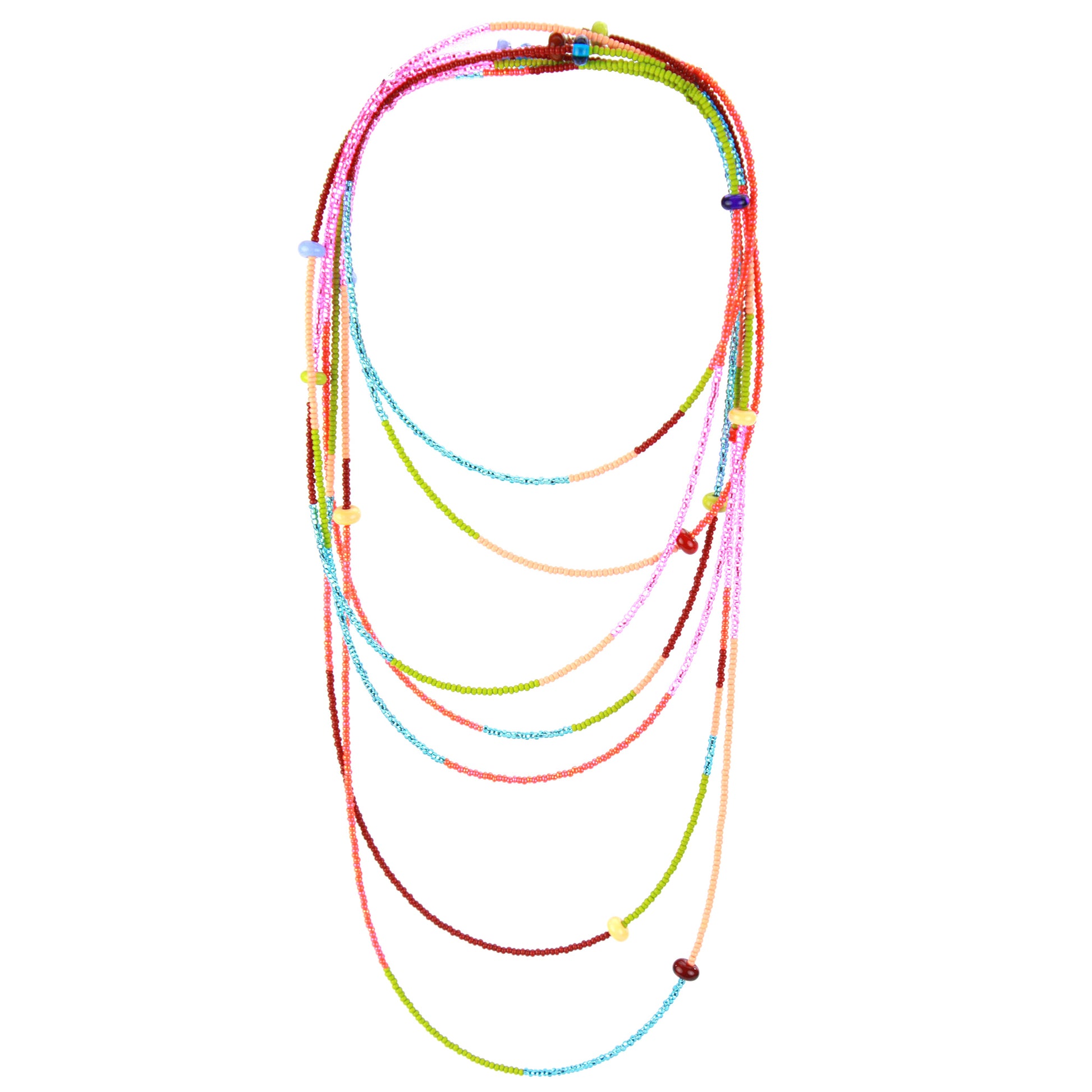 A vibrant 12-foot necklace made with tiny glass seed beads in a variety of bold, colorful shades, accented by handcrafted lampworked glass beads. Featuring a secure barrel screw clasp, this versatile piece can be styled as a layered necklace or wrapped around the wrist as a striking bracelet.