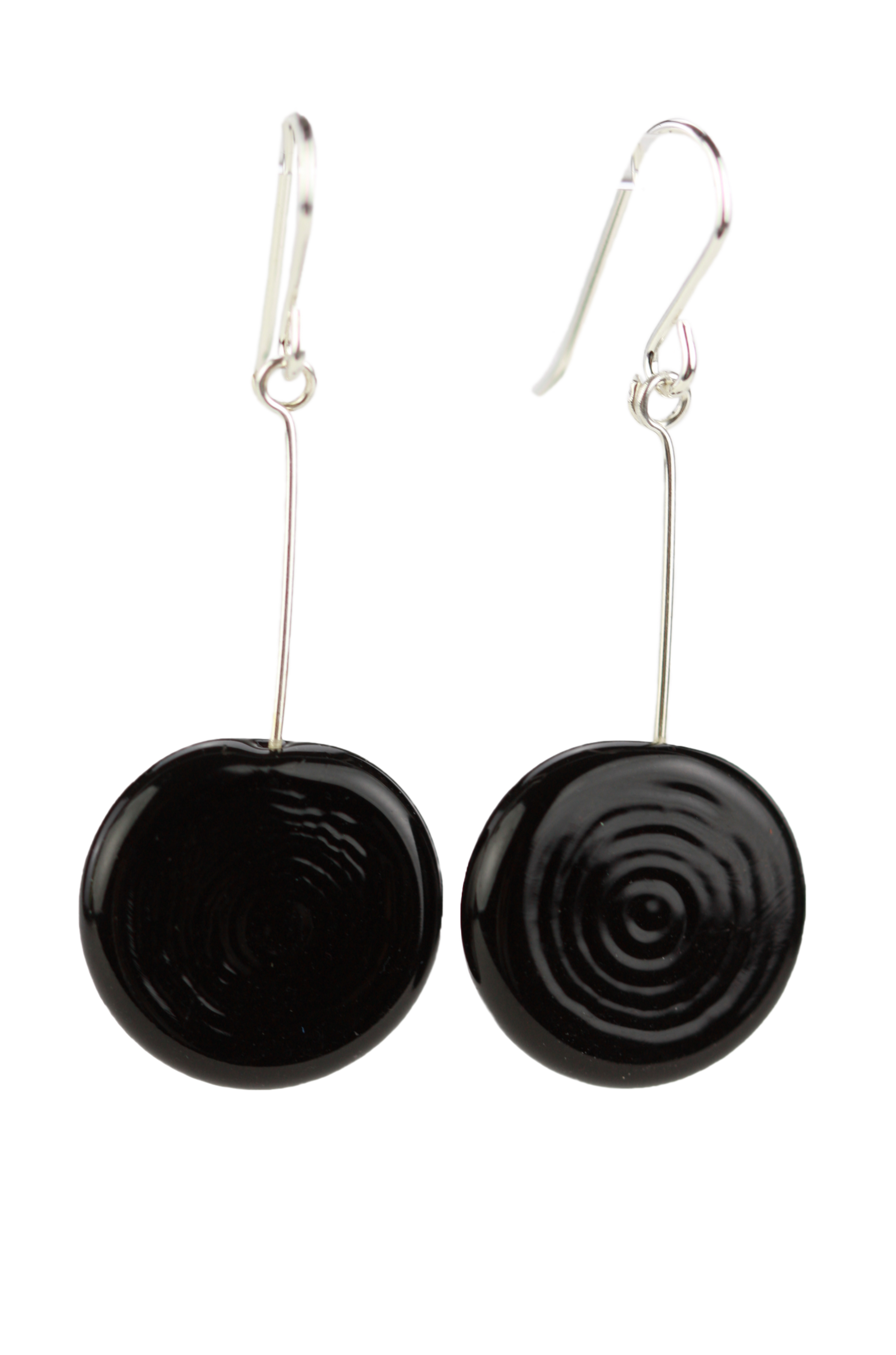 Black Tab Earrings with handmade glass disk-shaped beads on sterling silver wire and ear wires. Modern and sleek design.