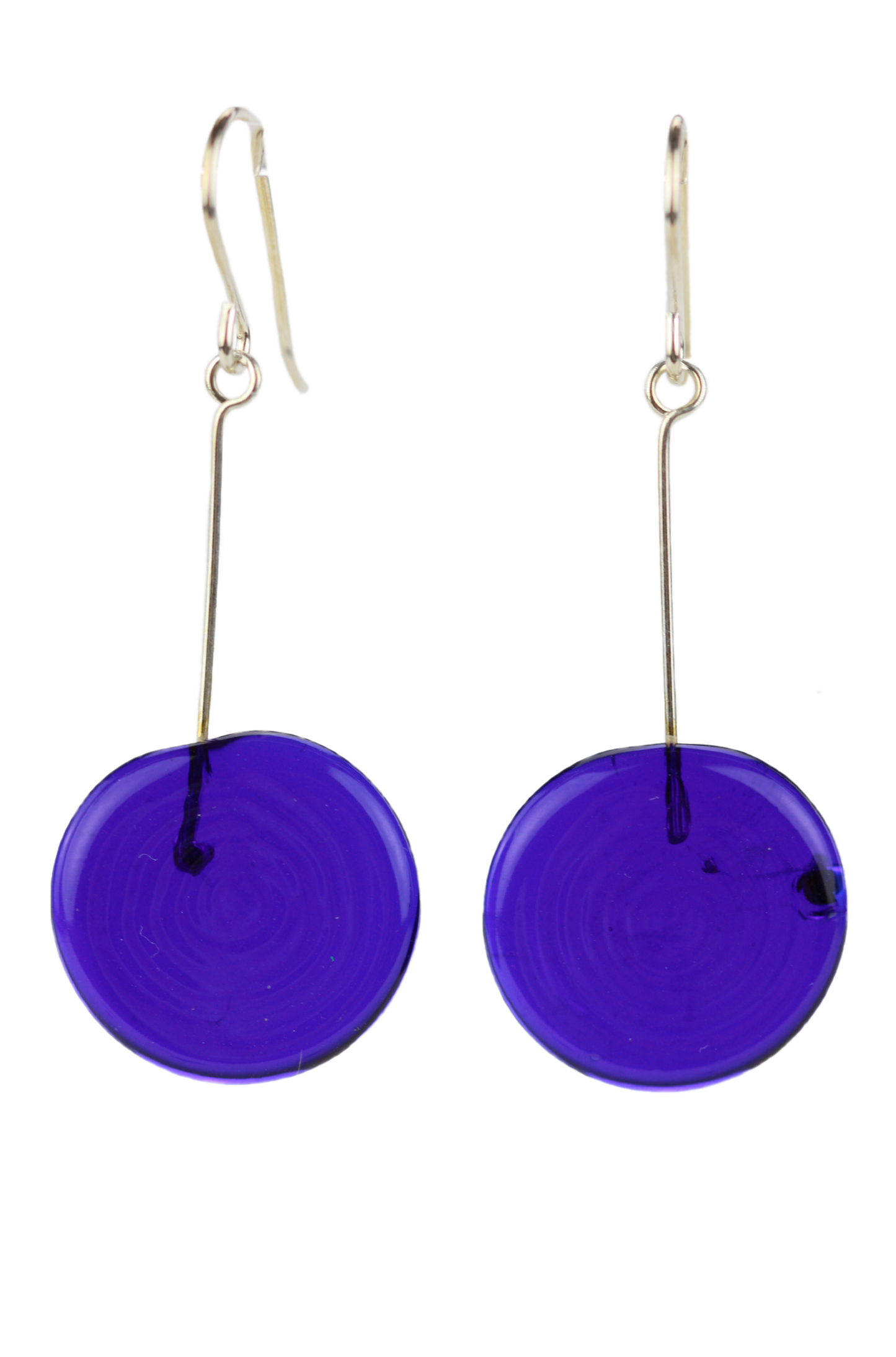 Cobalt Blue Tab Earrings featuring hand-blown glass disk beads on sterling silver wire with ear wires.