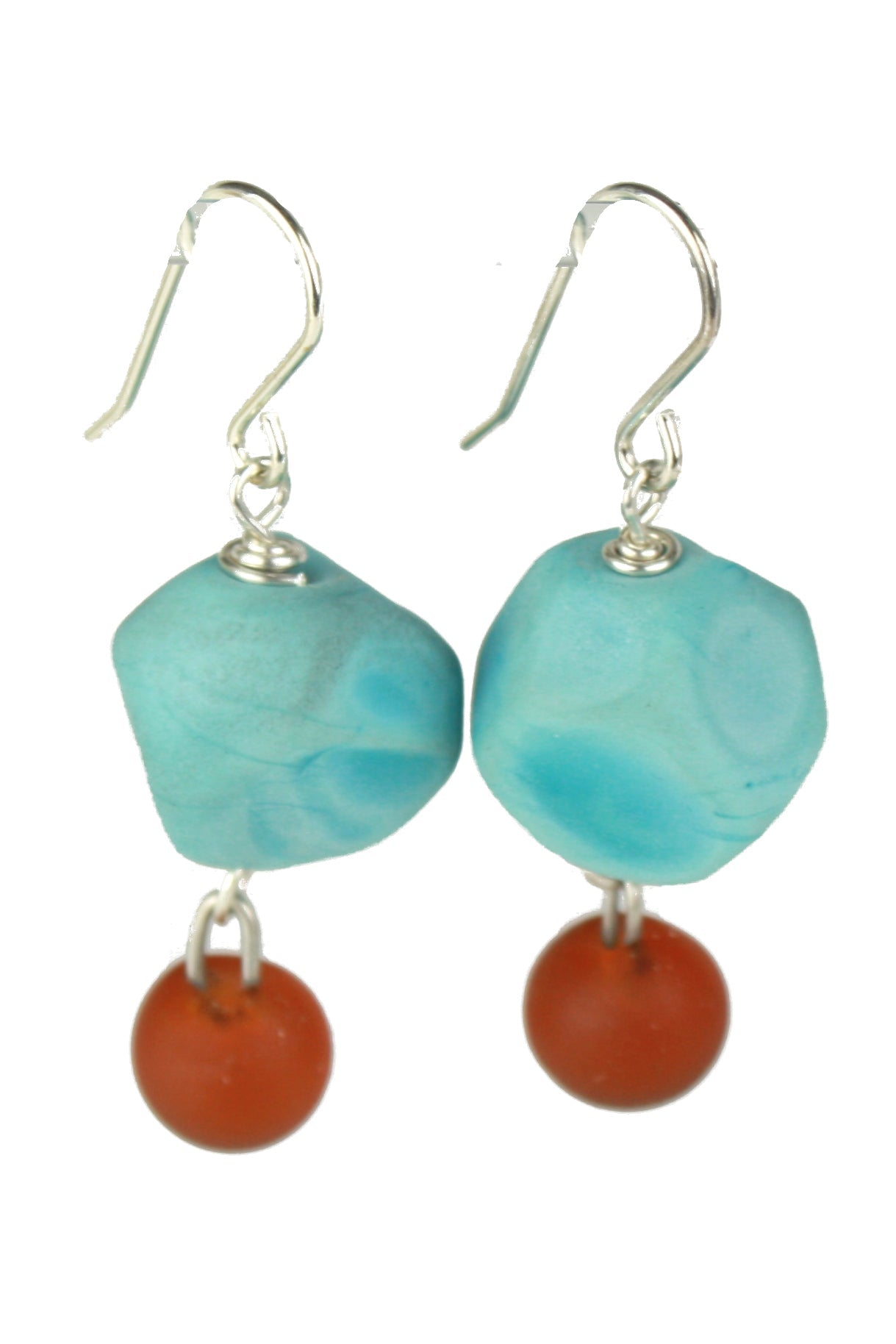Nugget earrings featuring hand crafted turquoise glass hand faceted beads with a small amber glass charm
