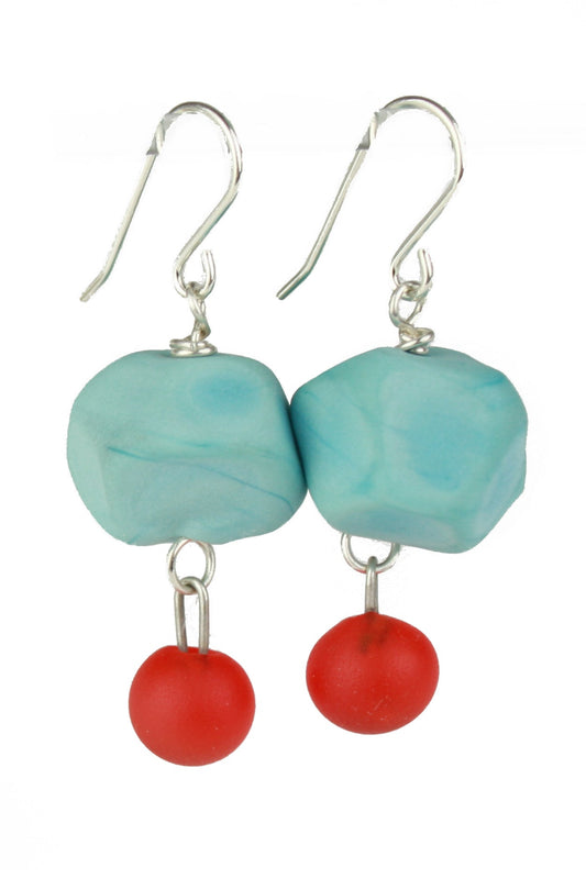 Nugget earrings featuring hand crafted turquoise glass hand faceted beads with a small cherry red glass charm