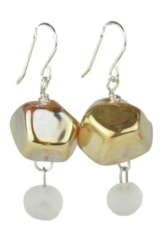 Nugget earrings featuring hand crafted gold glass hand faceted beads with a small white glass charm