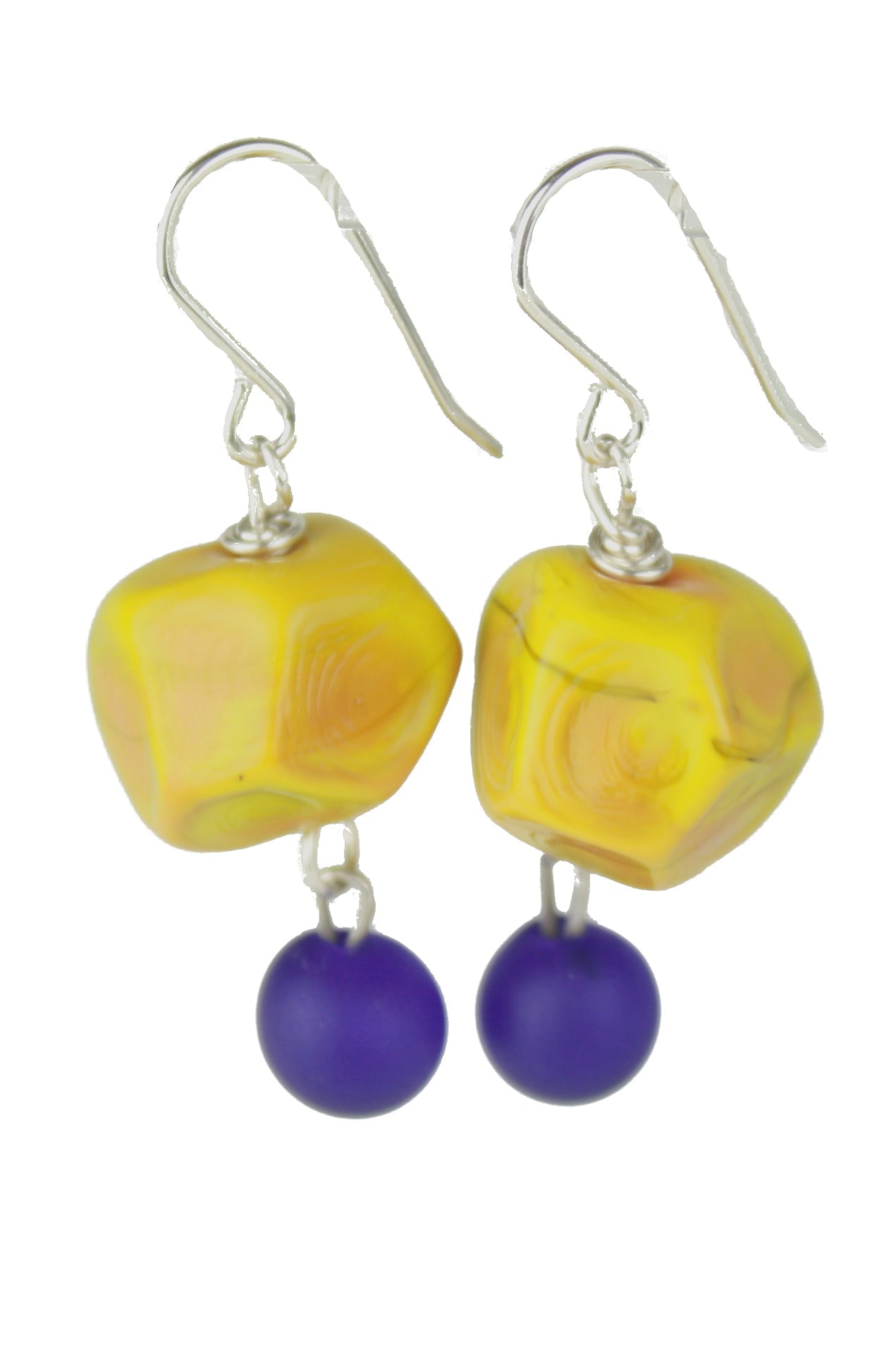 Nugget earrings featuring hand crafted ochre yellow glass hand faceted beads with a small cobalt blue glass charm