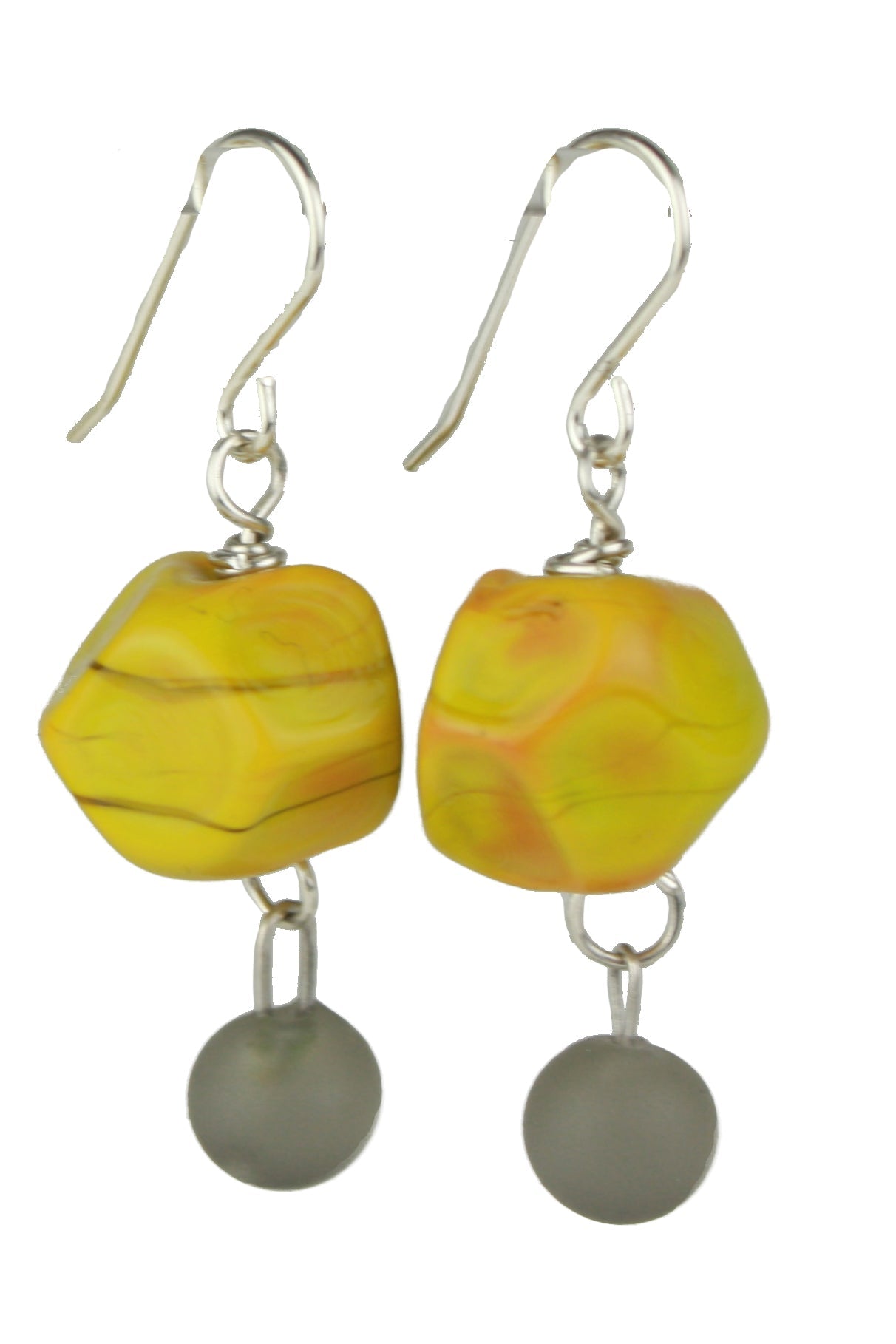 Nugget earrings featuring hand crafted ochre yellow glass hand faceted beads with a small grey glass charm