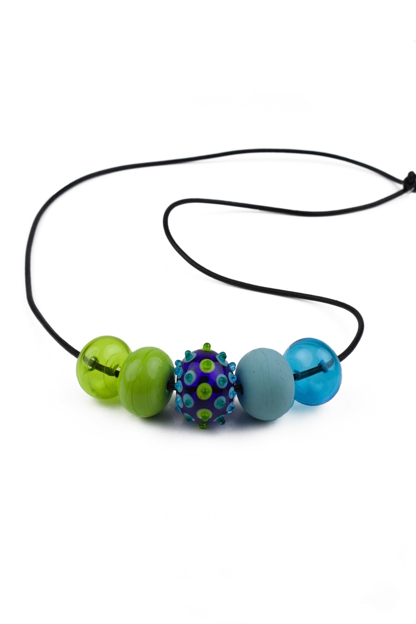 5 bubble bead necklace - blue and green with focal bead