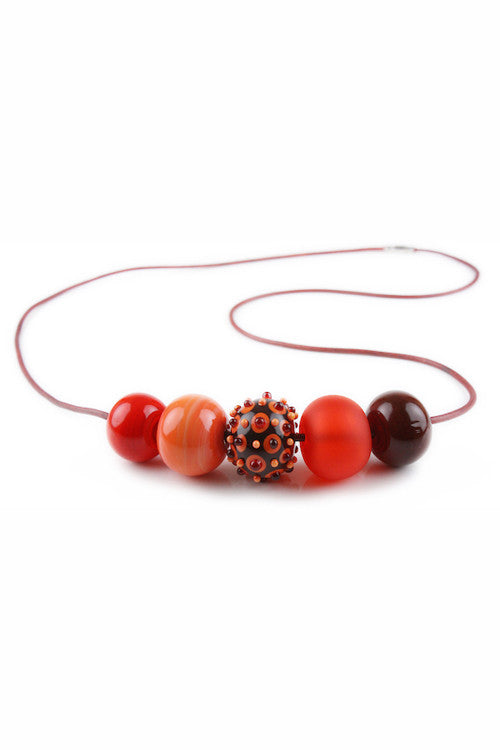 5 bubble bead necklace - reds with focal bead