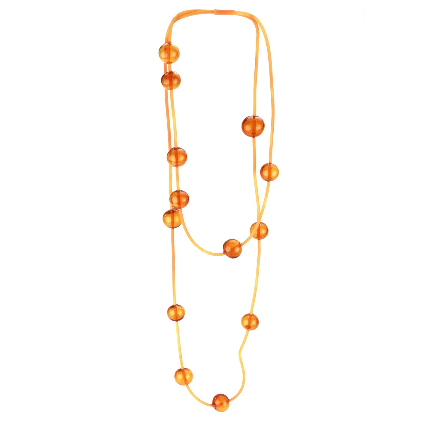 Amber Orbit Necklace with handblown glass beads on a hand-dyed silicone cord, featuring adjustable bead positions and multiple styling options.