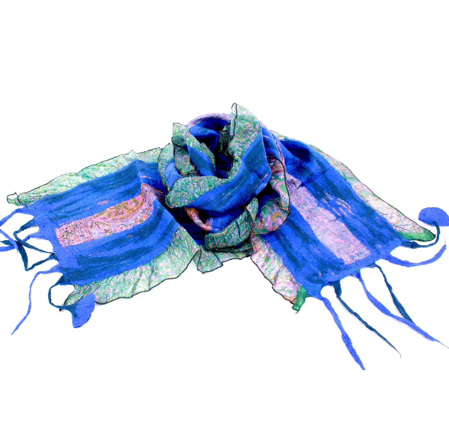 Sari collage scarf in royal blue, green and pinks