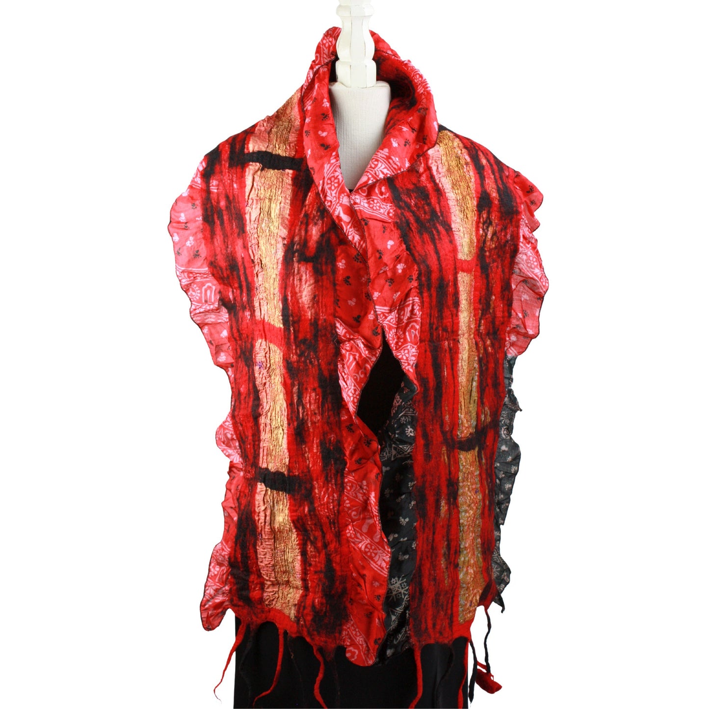 Sari collage scarf in pinks, red, pink, ochre and black