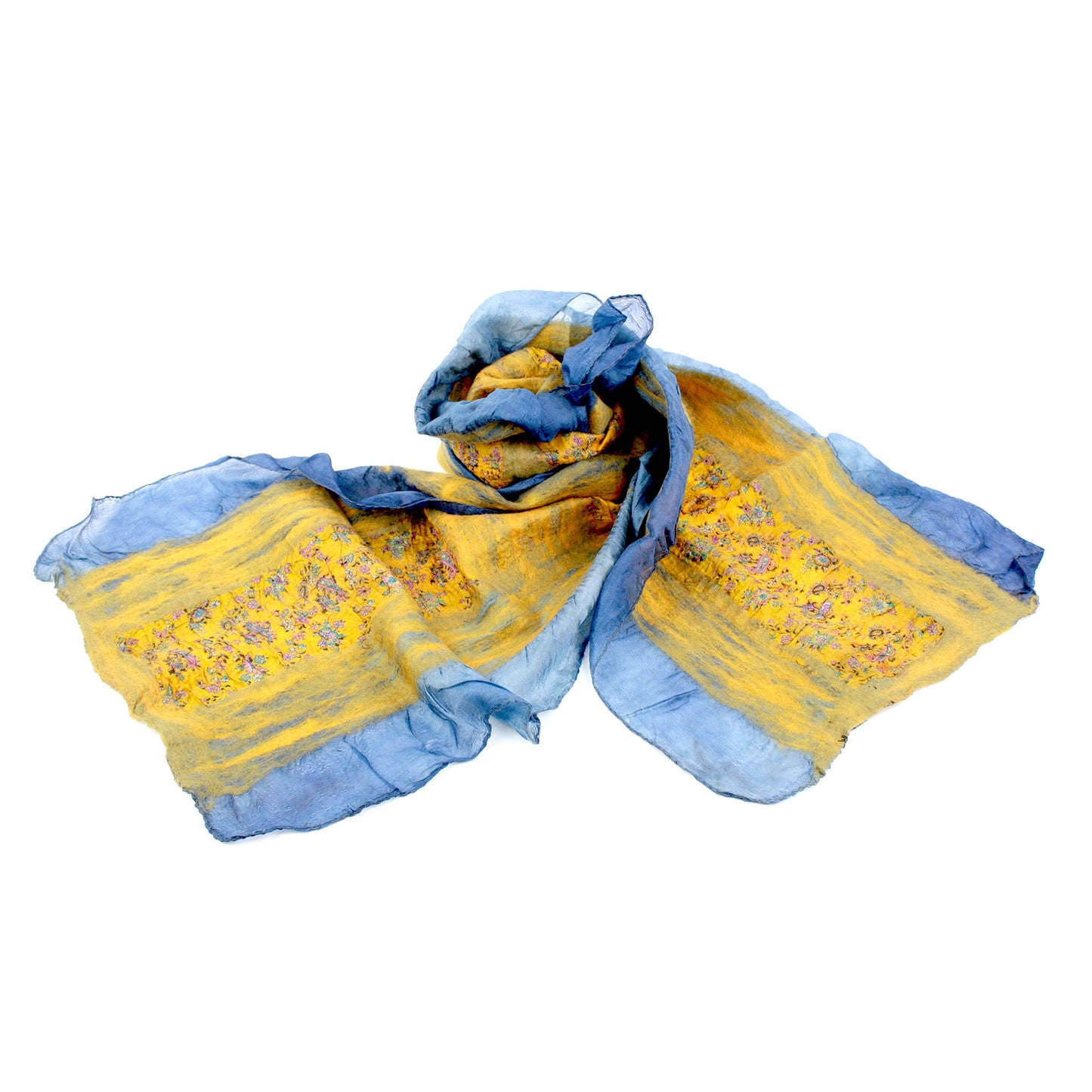 Sari collage scarf in golden yellow and cornflower blue