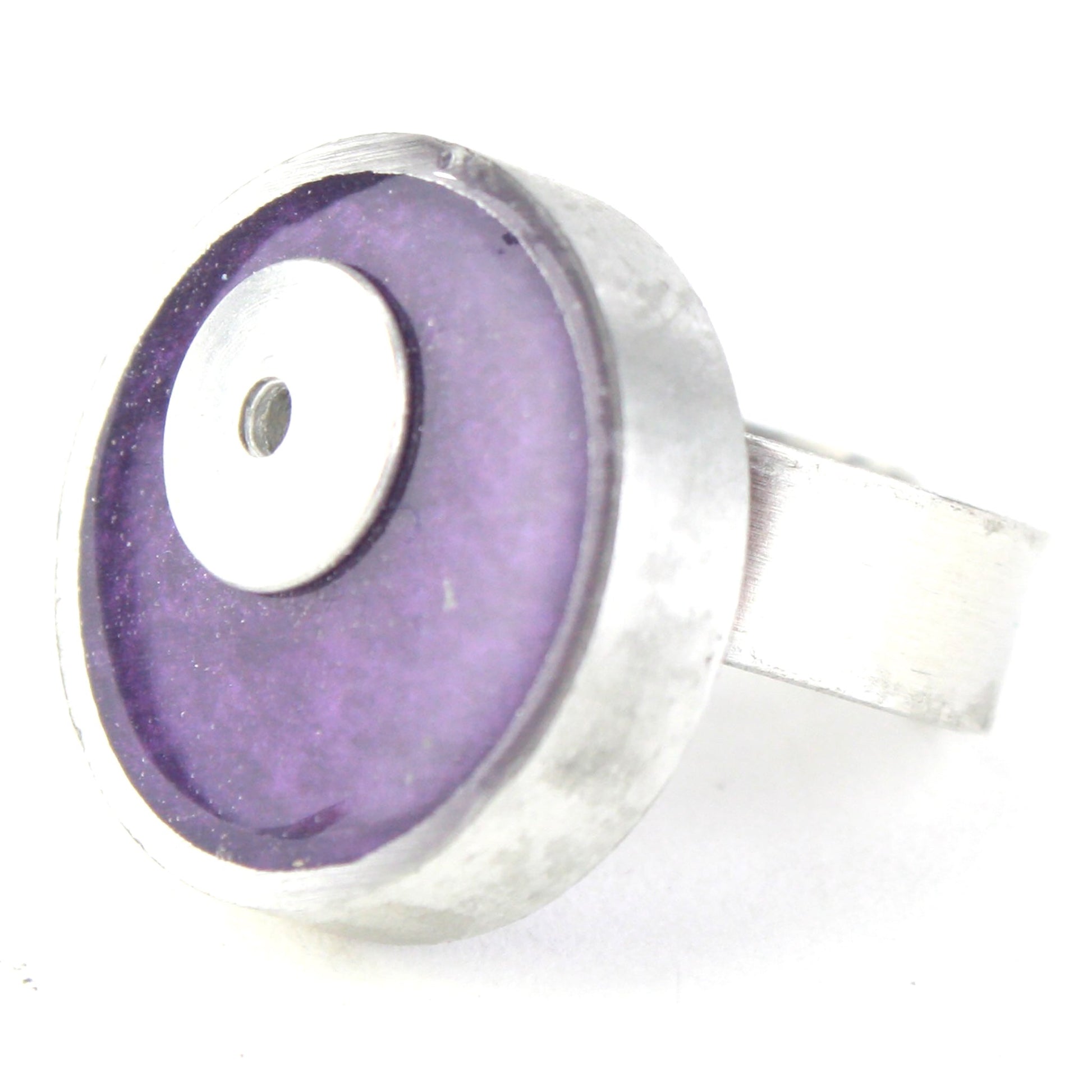 Purple Resinique Single Circle Ring with a bold eco-resin centerpiece set in salvaged aluminum. Fully adjustable band for a customizable fit.