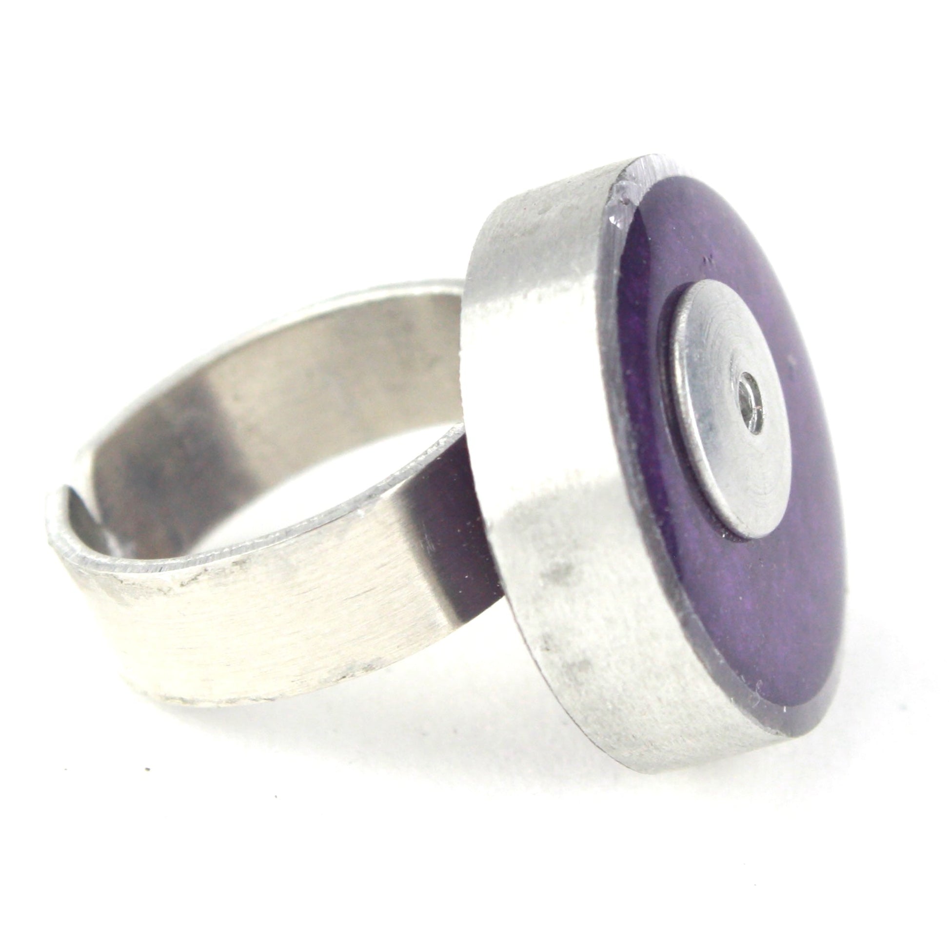 Purple Resinique Single Circle Ring with a bold eco-resin centerpiece set in salvaged aluminum. Fully adjustable band for a customizable fit.