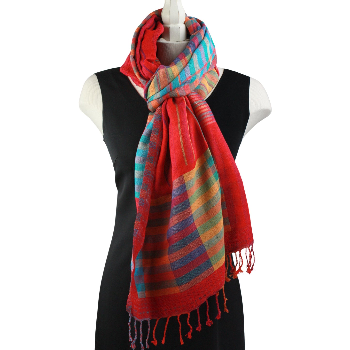 Kalya scarf in red, turquoise, purple and yellow